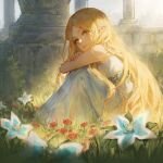  1girl bangs bare_arms bare_shoulders blonde_hair blue_flower brick_wall dress flower full_body grass green_eyes highres hugging_own_legs long_dress long_hair looking_at_viewer outdoors parted_bangs parted_lips pillar pointy_ears princess_zelda red_flower sitting solo the_legend_of_zelda the_legend_of_zelda:_breath_of_the_wild white_dress zieru 