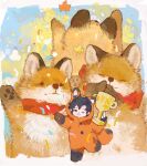  1boy absurdres animal animal_costume animal_ear_hood animal_ears autumn autumn_leaves black_eyes black_hair blue_sky border buttons chinese_commentary commentary_request confetti cosplay day dot_nose fake_tail falling_leaves fox fox_costume fox_ears fox_tail hair_between_eyes happy highres holding holding_trophy hood hood_up kigurumi leaf leg_up looking_at_viewer male_focus messy_hair mini_person miniboy one_eye_closed open_mouth outdoors outside_border quanzhi_gaoshou short_hair sky smile solo tail trophy white_border ye_xiu yi_tianran_dai 