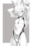  1boy animal_ear_fluff animal_ears arms_behind_head blue_archive blush bulge closed_mouth commentary_request competition_swimsuit covered_navel cowboy_shot dog_ears extra_ears genderswap genderswap_(ftm) greyscale hair_over_one_eye halo highleg highleg_one-piece_swimsuit highres kanna_(blue_archive) kanna_(swimsuit)_(blue_archive) long_hair looking_at_viewer male_focus miyabikawa_sakura monochrome one-piece_swimsuit ponytail simple_background solo swimsuit testicle_peek testicles trap whistle whistle_around_neck 