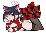  1girl animal_ears ass black_hair black_panties black_thighhighs blue_archive breasts cat_ears checkered_flag chibi chibi_only colored_inner_hair commissioner_name english_text extra_ears feet_up flag halo hariclip highres kazusa_(blue_archive) large_breasts legs_up lying multicolored_hair on_stomach one_eye_closed panties pink_hair pink_halo race_queen red_shoes rrogtion shoes short_hair shrug_(clothing) smile thank_you the_pose thighhighs two-tone_hair underwear wrist_cuffs 