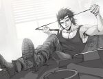  1boy ashtray bare_arms black_hair blue_eyes boots feet_on_table final_fantasy final_fantasy_vii final_fantasy_vii_remake greyscale hair_slicked_back holding holding_whip indoors looking_at_viewer male_focus medium_hair monochrome muscular muscular_male open_mouth pants pectorals scar scar_on_cheek scar_on_face sideburns sitting solo spot_color spykeee table tank_top whip window zack_fair 