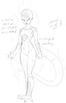 2020 alien alien_humanoid black_and_white breasts dialogue dragon_ball english_text featureless_breasts female frieza frieza_race full-length_portrait genitals hi_res humanoid monochrome not_furry nude portrait pussy sketch small_breasts solo text tsundere unseen_character w4g4 