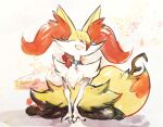  1girl ^_^ adversarial_noise animal_collar animal_ear_fluff animal_ears animal_nose artist_name black_fur blonde_hair body_fur bow braid braixen claws closed_eyes collar colored_tips commentary_request dated english_commentary facing_viewer fangs fox_ears fox_girl fox_tail full_body furry furry_female hair_bow hair_over_one_eye hair_over_shoulder happy highres mixed-language_commentary multicolored_fur multicolored_hair notice_lines open_mouth own_hands_together partial_commentary pokemon pokemon_(creature) red_bow red_hair short_hair signature single_braid sitting sketch smile solo stick tail thwillartz twitter_username two-tone_hair v_arms wariza white_background white_fur yellow_fur 