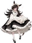  1girl alternate_costume animal_ears apron black_dress black_hair black_shoes blue_eyes bright_pupils dress frilled_apron frills hair_over_one_eye highres horse_ears horse_girl horse_tail kokemozuku long_dress long_hair long_sleeves maid_headdress mary_janes open_mouth puffy_sleeves revision rice_shower_(umamusume) shoes signature single_bare_shoulder skirt_hold smile solo tail teeth umamusume upper_teeth_only very_long_hair watermark white_apron white_background white_pupils 