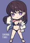  1girl absurdres bang_dream! bang_dream!_it&#039;s_mygo!!!!! bikini black_bikini black_hair blue_background breasts character_name chibi chibi_only chinese_commentary commentary_request hand_up highres jacket long_hair medium_breasts mixed-language_commentary navel open_clothes open_jacket open_mouth purple_eyes shiina_taki simple_background solo standing stomach swimsuit white_jacket zhong_xiansheng 