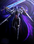  1boy absurdres areltisarel armor cape colored_skin elden_ring elden_ring_nightreign extra_arms floating full_armor full_body glowing glowing_sword glowing_weapon great_rune_(elden_ring) greatsword grey_skin heolstor_the_nightlord highres purple_cape signature solo spiked_helmet sword triple_wielding weapon 