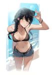  1girl absurdres adjusting_eyewear beach bikini bikini_under_clothes black_bikini black_hair blush bow bracelet braid braided_twintails breasts cropped_legs denim denim_shorts gundam gundam_gquuuuuux hair_bow highres jewelry long_hair looking_at_viewer low_twin_braids medium_breasts navel nyaan_(gundam_gquuuuuux) open_mouth otakulifewow sand shorts solo sunglasses swimsuit twin_braids water yellow_eyes 