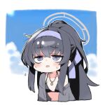  1girl bikini black_bikini black_hair blue_archive blue_sky blush breasts car cardigan chibi cloud crossed_bangs day flying_sweatdrops grey_car hair_between_eyes hairband halo jewelry long_hair moru_(monaka) motor_vehicle necklace off_shoulder open_cardigan open_clothes open_mouth outdoors ponytail purple_eyes purple_hairband purple_ribbon ribbon sky small_breasts solo sweat swimsuit ui_(blue_archive) ui_(swimsuit)_(blue_archive) upper_body very_long_hair 