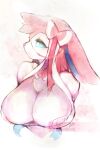  1girl animal_ears animal_nose artist_name blue_sclera blush body_fur bow bowtie breast_focus breasts closed_mouth colored_sclera commentary dated english_commentary expressionless furry furry_female hair_bow hair_ribbon half-closed_eyes highres huge_breasts light_blush long_hair looking_to_the_side loose_hair_strand nude personification pink_bow pink_bowtie pink_fur pink_hair pokemon profile ribbon sidelocks signature simple_background solo sylveon thwillartz twitter_username two-tone_fur upper_body white_background white_eyes white_fur white_ribbon 