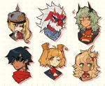  2boys 4girls animal_ears beard big_daddy_(zenless_zone_zero) blonde_hair blue_hair blue_neckerchief boar_boy boar_ears burnice_white caesar_king_(zenless_zone_zero) commentary_request dark-skinned_female dark-skinned_male dark_skin facial_hair furry furry_male highres lighter_(zenless_zone_zero) long_hair looking_to_the_side luciana_de_montefio multiple_boys multiple_girls neckerchief one_eye_closed pig_nose piper_wheel smirk spanish_commentary sparkle spiked_helmet sunglasses timely_zzz_doodles twintails white_hair zenless_zone_zero 
