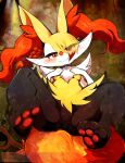  1girl :&gt; animal_collar animal_ear_fluff animal_ears animal_feet animal_hands animal_nose artist_name black_fur blonde_hair blush body_fur bow braid braixen breasts claws closed_mouth collar colored_tips commentary english_commentary eyes_visible_through_hair feet fox_ears fox_girl fox_tail from_above full_body furry furry_female hair_bow hair_over_one_eye half-closed_eyes hands_on_own_chest hands_up happy highres legs_up looking_at_viewer lying multicolored_fur multicolored_hair neck_fur no_pussy on_back on_floor pawpads pokemon pokemon_(creature) red_bow red_eyes red_hair short_hair signature single_braid small_breasts smile soles solo split_mouth spread_legs stick tail thick_thighs thighs thwillartz toes twitter_username two-tone_hair white_fur yellow_fur 