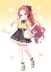  1girl absurdres alternate_costume animal_bag ankle_bow ankle_strap bag black_bow black_bowtie black_skirt blue_archive blush bow bowtie braid buttons cat_bag chinese_commentary closed_mouth collared_shirt commentary_request forehead frilled_skirt frills full_body gradient_background hair_bow halo hand_up heart heart_background highres knees long_hair long_sidelocks looking_at_viewer millennium_science_school_logo one_side_up outline ponytail power_symbol purple_eyes raised_inner_eyebrows red_hair sandals shirt short_sleeves shoulder_bag sidelocks single_braid skirt smile solo standing toes two-tone_background uro30 white_background white_bag white_bow white_outline yellow_background yellow_halo yellow_sandals yellow_shirt yuzu_(blue_archive) 