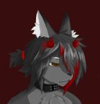  accessory angry anthro black_hair broken_horn brown_eyes canid canine canis chest_tuft collar crybitur felid fur grey_body grey_fur hair hair_accessory hairband hi_res horn hybrid inner_ear_fluff male mammal nude red_hair red_horn simple_background solo suwyzid tuft wolf 