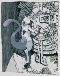  aztec aztec_glyphs floating hand_on_wall hatching_(texture) hieroglyphics linear_hatching looking_at_another mew mewtwo moss muted_color no_humans overgrown pokemon solo stone_wall tanuki_lll wall 