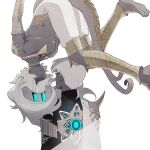  2boys alternate_design arjuna_alter_(first_ascension)_(fate) armor barefoot black_shirt blue_horns colored_skin dark-skinned_male dark_skin earrings face-to-face fate/grand_order fate_(series) flying glowing_horns gold_armlet gold_choker gold_trim grey_skin horns indian_clothes indra_(fate) jewelry long_hair lv1na_ura multiple_boys pants pauldrons purple_eyes shirt short_hair shoulder_armor simple_background single_pauldron tail topless_male upside-down white_background white_hair white_pants 