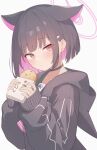  1girl :3 =_= absurdres animal_ears black_choker black_hair black_hoodie blue_archive blunt_bangs blunt_ends blush bob_cut cat_ears cat_girl choker closed_mouth colored_inner_animal_ears colored_inner_hair commentary_request extra_ears eyes_visible_through_hair flower food frown hair_between_eyes hair_flower hair_ornament hairclip halo hands_up highres holding holding_food hood hoodie kazusa_(blue_archive) looking_at_viewer medium_hair multicolored_hair natsukage_ao partial_commentary pink_hair pink_halo raised_eyebrows red_eyes simple_background sleeves_past_wrists slit_pupils solo translation_request trinity_general_school_logo two-tone_hair upper_body white_background 