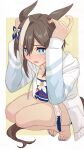  1girl animal_ears barefoot bikini blue_bikini blue_nails blue_swim_trunks blush border brown_hair cheval_grand_(summer_calm_navy_drop)_(umamusume) cheval_grand_(umamusume) commentary_request ear_ornament flying_sweatdrops hair_between_eyes highres hood hooded_jacket horse_ears horse_girl horse_tail jacket long_sleeves multicolored_hair nail_polish official_alternate_costume official_alternate_hairstyle open_clothes open_jacket open_mouth outside_border short_hair solo squatting streaked_hair sweat swimsuit tail tebasaki_(torino_029) thigh_strap toenail_polish toenails umamusume white_border white_hair yellow_background 