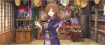 1girl :d ahoge balance_scale bottle breasts brown_eyes brown_hair cowboy_shot cross_brooch dress game_cg gold_trim hair_over_one_eye highres holding holding_bottle hooded_robe indoors kono_subarashii_sekai_ni_shukufuku_wo! konosuba!_fantastic_days large_breasts light_blush long_dress long_hair looking_at_viewer official_art one_eye_covered open_mouth purple_dress purple_robe robe sidelocks smile solo standing tachi-e wavy_hair weighing_scale wiz_(konosuba) 