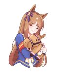  1girl animal_ears blue_jacket blush bow brown_hair closed_eyes closed_mouth ear_ornament grass_wonder_(umamusume) highres holding horse_ears horse_girl iennie jacket long_hair long_sleeves open_clothes open_jacket sailor_collar simple_background smile solo stuffed_animal stuffed_horse stuffed_toy umamusume white_background 