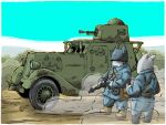  2boys armored_car dirt_road drum_magazine gun helmet highres load_bearing_vest machine_gun magazine_(weapon) military_uniform multiple_boys original road vehicle_request weapon weapon_request yabarn 