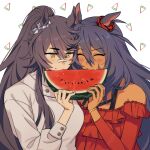  2girls ^_^ animal_ears bandaid bandaid_on_face bandaid_on_nose bare_shoulders black_hair blue_hair blush bracelet breasts closed_eyes commentary dark-skinned_female dark_skin ear-to-ear ear_ornament ear_scrunchie eating fang food frilled_shirt frills fruit gold_bracelet hair_between_eyes heads_together highres hishi_amazon_(umamusume) holding holding_food horse_ears horse_girl hwipa_(param_blue) jewelry jitome korean_commentary long_hair multiple_girls narita_brian_(umamusume) off-shoulder_shirt off_shoulder ponytail red_shirt shared_food shirt sidelocks umamusume upper_body watermelon watermelon_slice white_shirt yellow_eyes 