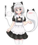  1girl alternate_costume animal_ears apron bangs black_hairband blue_eyes blush cat_ears cleavage_cutout clothing_cutout enmaided frilled_apron frills hairband highres konpaku_youmu konpaku_youmu_(ghost) maid maid_apron maid_headdress puffy_sleeves short_hair skirt white_apron white_background youmu-kun 