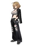  absurdres anis_(nikke) anyak05 black_jacket black_pants breasts brown_eyes brown_hair cleavage goddess_of_victory:_nikke grey_sports_bra highres jacket jacket_on_shoulders large_breasts open_mouth pants short_hair smile sports_bra torn_clothes torn_pants 