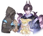  1boy 1other ambiguous_gender amiya_(arknights) animal animal_ears animalization arknights black_gloves blue_eyes chinese_commentary closed_eyes closed_mouth commentary_request doctor_(arknights) extra_ears fox fox_boy fox_ears fox_tail gloves green_eyes holding holding_animal kitsune kyuubi multiple_tails rabbit simple_background suzuran&#039;s_father_(arknights) suzuran_(arknights) tail tsukihana_l watermark white_background 