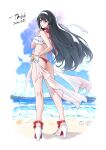  1girl absurdres ass astra_yao beach bikini black_hair blue_sky bracelet cloud dated day from_behind hairband hand_on_own_hip high_heels highres horizon jewelry long_hair lsf_(805661342) mismatched_bikini ocean outdoors parted_bangs pearl_bracelet red-tinted_eyewear red_eyes ruffle_bikini shoes side-tie_bikini_bottom signature sky solo sunglasses swimsuit thong_bikini tinted_eyewear white_hairband white_shoes zenless_zone_zero 