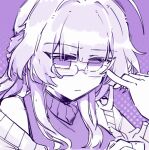  1girl adjusting_eyewear ahoge bespectacled bilizinger breasts chinese_commentary closed_mouth commentary_request glasses highres honkai_(series) honkai_impact_3rd light_blush long_hair medium_breasts monochrome portrait purple_theme raiden_mei solo turtleneck 