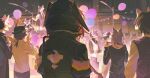  1girl 6+others absurdres animal_ears arknights armband balloon black_gloves black_hat black_jacket black_shirt brown_hair building chinese_commentary commentary_request confetti crowd crownslayer_(arknights) dopperu_ben facing_away feet_out_of_frame gloves grey_hair grey_necktie grey_vest hat highres hood hooded_jacket jacket lamppost mask multiple_others necktie outdoors red_hair shirt stage string_of_flags upper_body vest white_necktie white_vest 