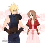  1boy 1girl :3 aerith_gainsborough armor bangle bangs belt blonde_hair blue_eyes blue_pants blue_shirt blush bracelet brown_gloves brown_hair choker cloud_strife cropped_jacket dress final_fantasy final_fantasy_vii final_fantasy_vii_remake flower_choker gloves green_eyes hair_between_eyes hair_ribbon hands_on_hips imitating jacket jewelry krudears long_dress long_hair looking_at_another multiple_belts pants parted_bangs pink_dress pink_ribbon red_jacket ribbon shirt short_hair short_sleeves shoulder_armor sidelocks sleeveless sleeveless_turtleneck spiked_hair sundress suspenders turtleneck upper_body wavy_hair white_background 