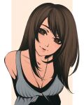  1girl arms_behind_back bangs bare_shoulders blue_dress breasts brown_hair buttons cleavage collarbone dress final_fantasy final_fantasy_viii jewelry leaning_forward long_hair looking_at_viewer medium_breasts moshimoshibe necklace pillarboxed rinoa_heartilly smile solo upper_body 