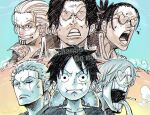  6+boys facial_hair glasses gol_d._roger hat heart heart-shaped_pupils highres male_focus monkey_d._luffy multiple_boys one_piece roronoa_zoro sanji_(one_piece) scar scar_on_face scopper_gaban silvers_rayleigh symbol-shaped_pupils tacchan56110 