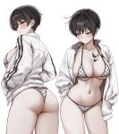  1girl absurdres ass bikini black_hair blue_eyes blush breast_tattoo breasts cleavage closed_mouth cowboy_shot gwan-e hair_between_eyes hands_in_pockets highres jacket large_breasts long_sleeves looking_at_viewer multiple_views navel open_clothes open_jacket original parted_lips short_hair simple_background sleeves_past_wrists solo standing swimsuit tattoo thighs tsukasa_karin_(gwan-e) white_background white_jacket 