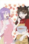  2girls animal_print apron black_skirt blue_eyes blush brown_apron brown_hair cat_print closed_eyes cross cross_print fate/stay_night fate_(series) hair_between_eyes hair_ribbon hand_on_another&#039;s_face happy heart heart_background highres long_hair looking_at_another matou_sakura momoka_(abc_momoka0718) multiple_girls open_mouth pink_apron purple_hair red_ribbon red_sweater ribbon siblings sisters skirt smile sweater tohsaka_rin twintails 