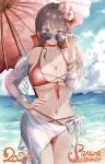  1girl 2024 absurdres adjusting_eyewear beach bikini breasts brown_hair cameltoe character_name commentary_request criss-cross_strings flower goddess_of_victory:_nikke highres huge_breasts looking_over_eyewear navel net ocean official_alternate_costume oil-paper_umbrella pinjirooo red_bikini red_eyes red_flower sakura_(bloom_in_summer)_(nikke) sakura_(nikke) sarong solo sunglasses swimsuit umbrella white_sarong 