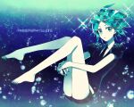  1other air_bubble aqua_eyes aqua_hair arm_around_leg bangs barefoot black_shirt bubble character_name collared_shirt colored_eyelashes colored_skin crystal_hair feet fetal_position floating gem_uniform_(houseki_no_kuni) highres houseki_no_kuni jun2onod knees_up legs light_particles looking_at_viewer nail_polish necktie parted_bangs phosphophyllite shiny shiny_hair shirt short_hair short_shorts shorts solo sparkle submerged thighs toenail_polish toenails toes underwater water white_shirt white_skin 