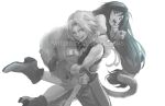  1boy 1girl absurdres ass bangs bodysuit boots bound bound_wrists carrying_over_shoulder dagger final_fantasy final_fantasy_ix garnet_til_alexandros_xvii gloves greyscale grin hair_between_eyes highres kidnapping knife long_hair low-tied_long_hair low_ponytail monkey_tail monochrome one_eye_closed open_mouth own_hands_together pants parted_bangs puffy_sleeves shouting smile spykeee tail teeth thigh_strap unfinished upper_body upper_teeth vest weapon white_background zidane_tribal 