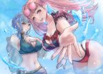  2girls bare_shoulders bikini blue_bikini blue_hair blue_sarong blue_sky braid breasts brown_eyes cleavage closed_mouth collarbone crown_braid eyewear_on_head fire_emblem fire_emblem:_three_houses fire_emblem_heroes hand_on_own_chest highres hilda_valentine_goneril hilda_valentine_goneril_(summer) long_hair looking_at_viewer marianne_von_edmund marianne_von_edmund_(summer) medium_breasts multiple_girls navel nekoyashiki_08 ocean off-shoulder_bikini off_shoulder official_alternate_costume open_mouth outdoors pink-tinted_eyewear pink_bikini pink_eyes pink_hair reaching reaching_towards_viewer sarong sky smile stomach striped_bikini striped_clothes sunglasses swimsuit teeth tinted_eyewear twintails vertical-striped_bikini vertical-striped_clothes water 