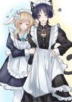  1boy 1girl alternate_costume animal_ears apron arm_at_side black_collar black_dress black_eyes black_hair black_sleeves blonde_hair blue_bow blue_bowtie blue_flower blunt_ends blush bow bowtie bright_pupils cat_boy cat_ears cat_tail closed_eyes collar couple crossdressing crossdressing_(mtf) dress enmaided eyelashes facing_viewer flower frilled_dress frills genshin_impact hair_flower hair_ornament height_difference hetero highres holding_another&#039;s_arm juliet_sleeves large_bow long_sleeves looking_at_viewer lumine_(genshin_impact) maid maid_apron maid_headdress male_maid matching_outfits multicolored_flower nicbuns pantyhose parted_bangs parted_lips pink_lips puffy_sleeves rabbit_ears rabbit_girl rabbit_tail scaramouche_(genshin_impact) short_hair short_hair_with_long_locks side-by-side sidelocks smile squiggle tail tongue tongue_out tsurime white_apron white_flower white_headdress white_mouth white_pantyhose white_pupils white_sleeve_cuffs wing_collar 