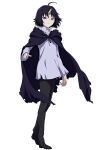  1boy ahoge anime_coloring black_cloak black_hair black_pants black_shoes clen_(clevatess) clevatess:_majuu_no_ou_to_akago_to_shikabane_no_yuusha cloak closed_mouth collared_shirt full_body horns long_sleeves looking_at_viewer official_art pants red_eyes sako_souichirou shirt shoes short_hair simple_background single_horn solo standing transparent_background tsurime v-shaped_eyebrows white_shirt 