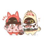  2girls alice_thymefield animal_ears bangboo_(zenless_zone_zero) black_gloves black_sailor_collar bow bowtie closed_eyes collared_shirt commentary fingerless_gloves full_body gloves heterochromia highres long_sleeves multiple_girls no_humans notice_lines pink_sweater rabbit_ears rabbit_tail raccoon_ears raccoon_tail rebecca_(keinelove) red_eyes sailor_collar shirt simple_background standing sweater tail ukinami_yuzuha white_background white_bow white_bowtie white_shirt yellow_eyes zenless_zone_zero 