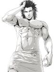  1boy abs black_hair blue_eyes final_fantasy final_fantasy_vii final_fantasy_vii_remake greyscale hair_slicked_back hand_in_own_hair highres looking_at_viewer male_focus monochrome muscular muscular_male navel pectorals scar scar_on_cheek scar_on_face sideburns solo spiked_hair spot_color spykeee topless_male towel_around_waist upper_body watermark white_background zack_fair 