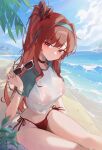  1girl beach bikini bikini_under_clothes bikini_visible_through_clothes breasts choker closed_mouth goddess_of_victory:_nikke hair_ornament hairband hand_up hashtag-only_commentary high_ponytail highres holding holding_removed_eyewear large_breasts long_hair looking_at_viewer no_pants official_alternate_costume outdoors ponytail raglan_sleeves rapi_(nikke) rapi_(red_hood)_(nikke) rapi_(red_hood)_(red_flavor)_(nikke) red_bikini red_choker red_eyes red_hair s0104y see-through_clothes see-through_shirt shirt short_sleeves side-tie_bikini_bottom sitting smile solo string_bikini sunglasses swimsuit thighs unworn_eyewear very_long_hair wet wet_clothes wet_shirt white_shirt 