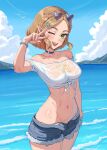  1girl absurdres bare_shoulders beach blonde_hair blush braid breasts choker collarbone cropped_shirt crown_braid denim denim_shorts earrings emmettart eyewear_on_head green_eyes hair_ornament hairclip heart heart-shaped_eyewear highres jewelry large_breasts looking_at_viewer midriff navel ocean one_eye_closed open_mouth outdoors pointy_ears princess_zelda shirt short_hair short_sleeves shorts sidelocks smile solo stomach sunglasses teeth the_legend_of_zelda the_legend_of_zelda:_tears_of_the_kingdom tied_shirt tinted_eyewear upper_teeth_only water wet wet_clothes wet_shirt white_shirt 