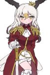  010mzam 1girl alternate_costume bald_eagle_(kemono_friends) bird_girl bird_tail bird_wings blonde_hair blush boots brown_hair cane cowboy_shot crown epaulettes fringe_trim gloves gold_trim head_wings high_collar highres jacket juliet_sleeves kemono_friends long_hair long_sleeves multiple_girls neckerchief puffy_sleeves red_jacket shoes sleeve_cuffs smile solo tail thigh_boots white_boots white_gloves white_hair white_neckerchief white_shoes wings yellow_eyes 