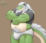  2022 anthro asian_mythology belly big_belly bulge clothed clothing clothing_lift dragon east_asian_mythology eastern_dragon facial_hair green_body hi_res horn humanoid_hands male mature_male mythology overweight overweight_male radonryu shirt shirt_lift solo topwear underwear undressing 