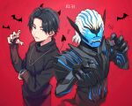  2boys aam09212 armor bat_(animal) black_armor black_hair black_nails black_shirt blue_eyes blue_sky bracelet dated demon_boy demon_horns fangs gothic hair_slicked_back halloween highres horns jewelry kagero_(kamen_rider_revice) kamen_rider kamen_rider_revice long_fingers looking_at_viewer male_focus multiple_boys multiple_rings necklace open_hand outside_border pointy_ears red_background ring sharp_teeth shirt short_hair sky spirit teeth upper_body vice_(kamen_rider_revice) white_hair 