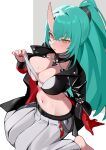  1girl absurdres arknights black_jacket breasts cleavage commentary_request crossed_bangs fingernails gloves green_hair grey_skirt groin hair_between_eyes hei_tudou highres horns hoshiguma_(arknights) hoshiguma_the_breacher_(arknights) jacket large_breasts long_hair long_skirt looking_at_breasts midriff nail_polish navel open_clothes open_jacket parted_lips pleated_skirt ponytail red_gloves red_nails scar scar_on_cheek scar_on_face single_glove single_horn sitting skin-covered_horns skirt solo sweat wariza yellow_eyes 